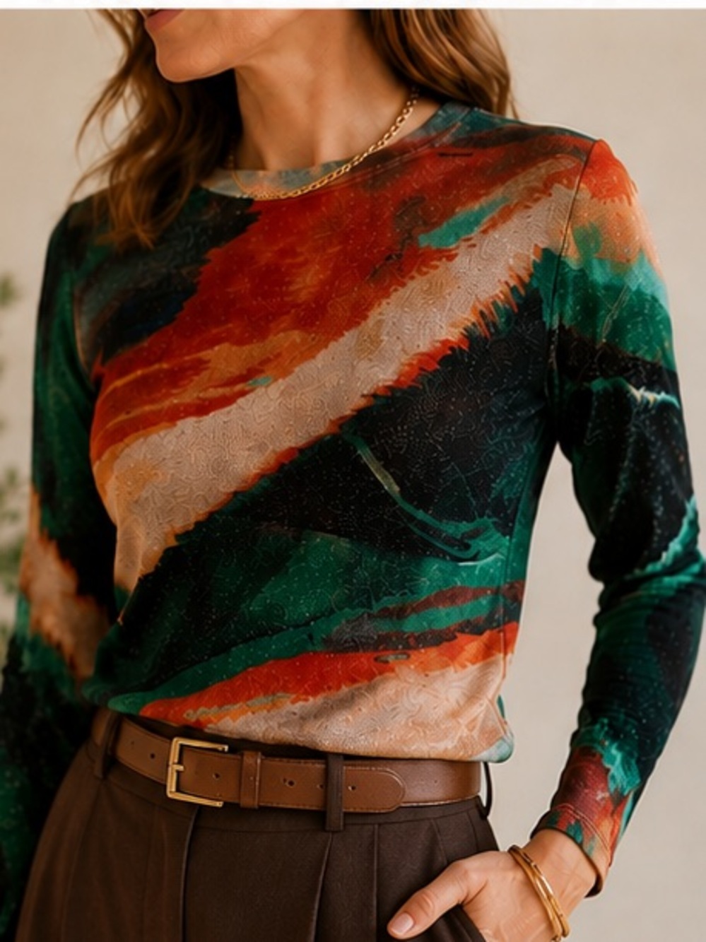NWOT Desigual Long Sleeve Abstract Art Print Metallic Knit Top Green Cream Large
